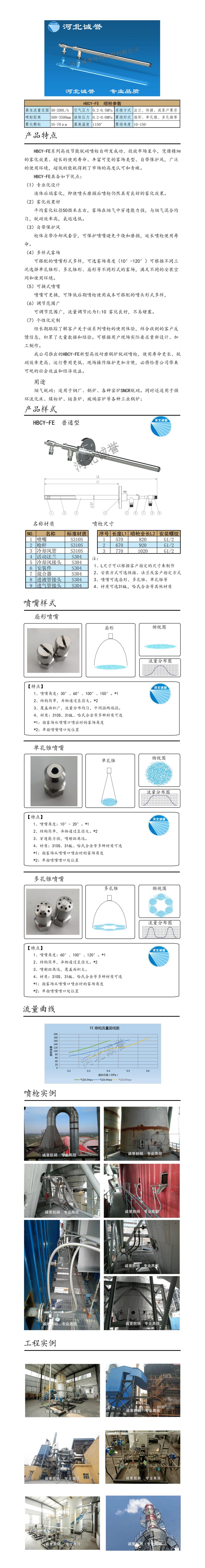 電廠脫硝噴槍保護套、噴槍參數(shù)、材質尺寸、流量分布圖、扇形空心錐俯視圖介紹，以及噴槍霧化視頻展示和工程案例介紹